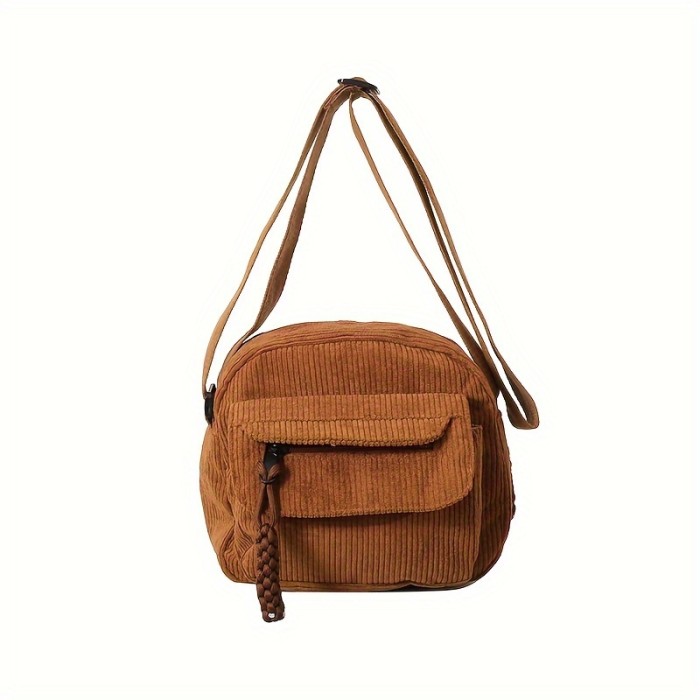 Corduroy Simple Chic Crossbody Satchel Bag - Adjustable Strap, Zipper Closure, Polyester Lining, Random Solid Color Pattern - Casual Everyday Companion for Women