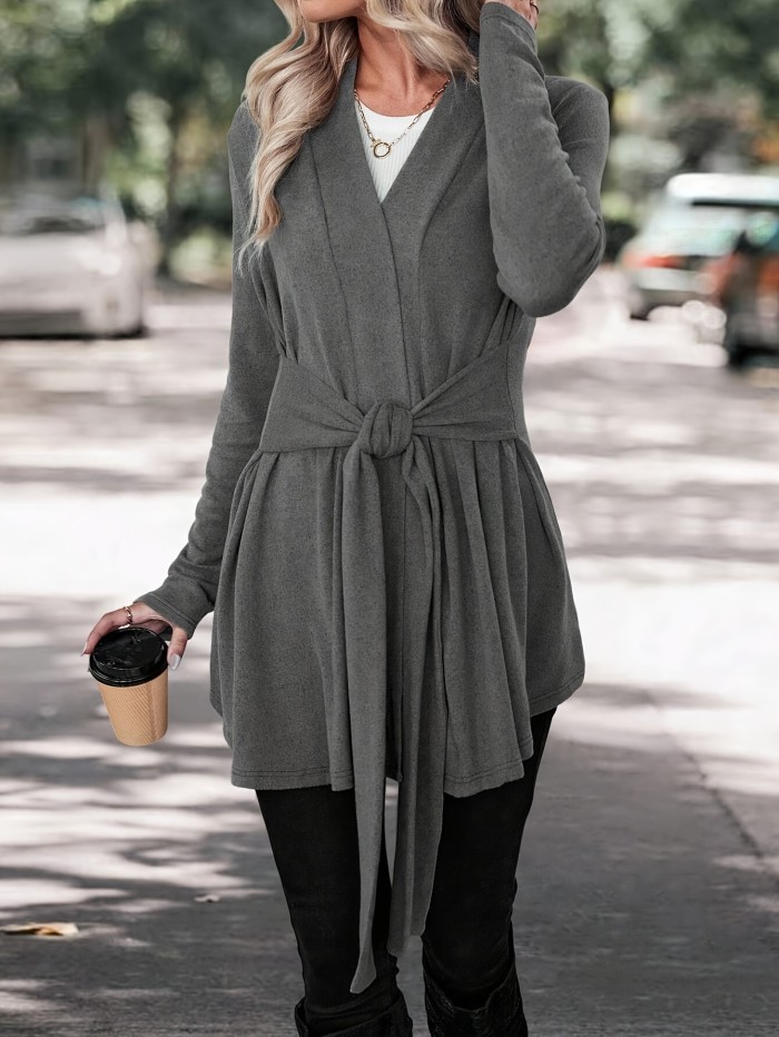 Long Sleeve Polyester Blouse With V-Neck, Adjustable Belt, And Elastic Waist, All-Season Knit Top With Various Styling Options For Women