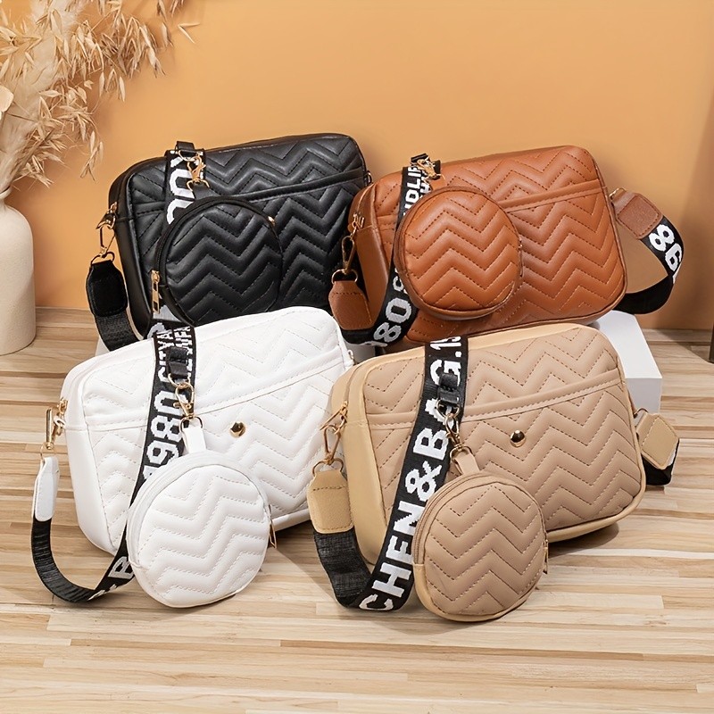 Quilted Crossbody Bag - Removable-strap, Zipper Closure, Polyester Lining, Faux Leather, Square Shoulder Bag with Round Coin Bag for Everyday Use
