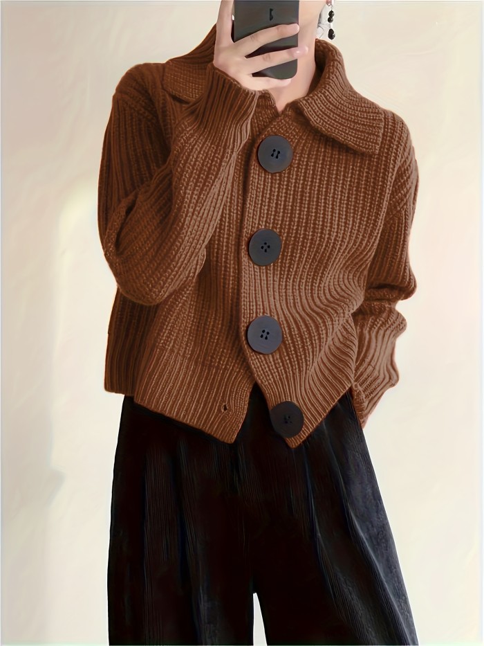 Plus Size Solid Color Button Front Knitted Cardigan, Stylish Casual Long Sleeve Cardigan For Fall & Winter, Women's Plus Size Clothing
