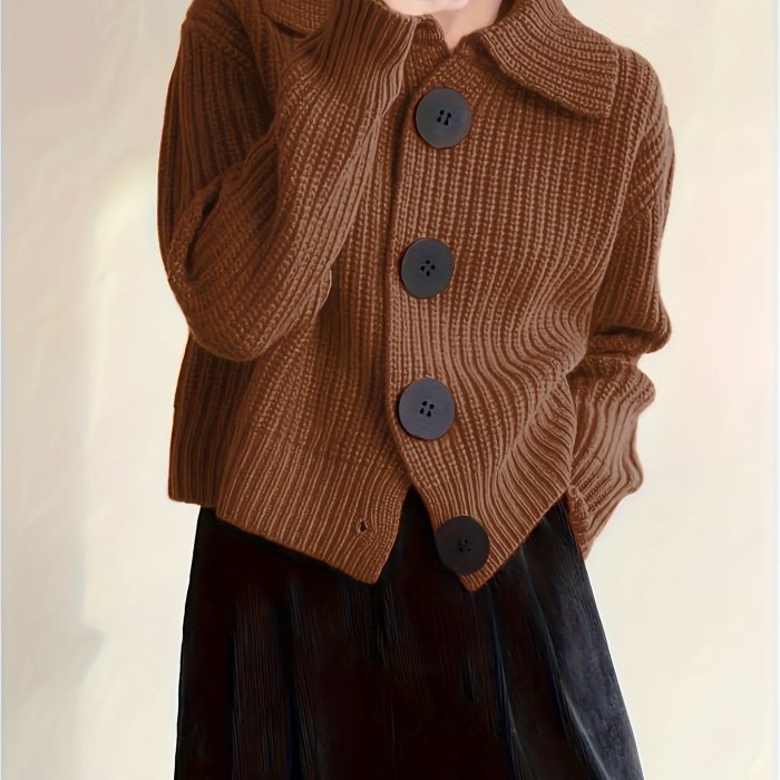 Plus Size Solid Color Button Front Knitted Cardigan, Stylish Casual Long Sleeve Cardigan For Fall & Winter, Women's Plus Size Clothing