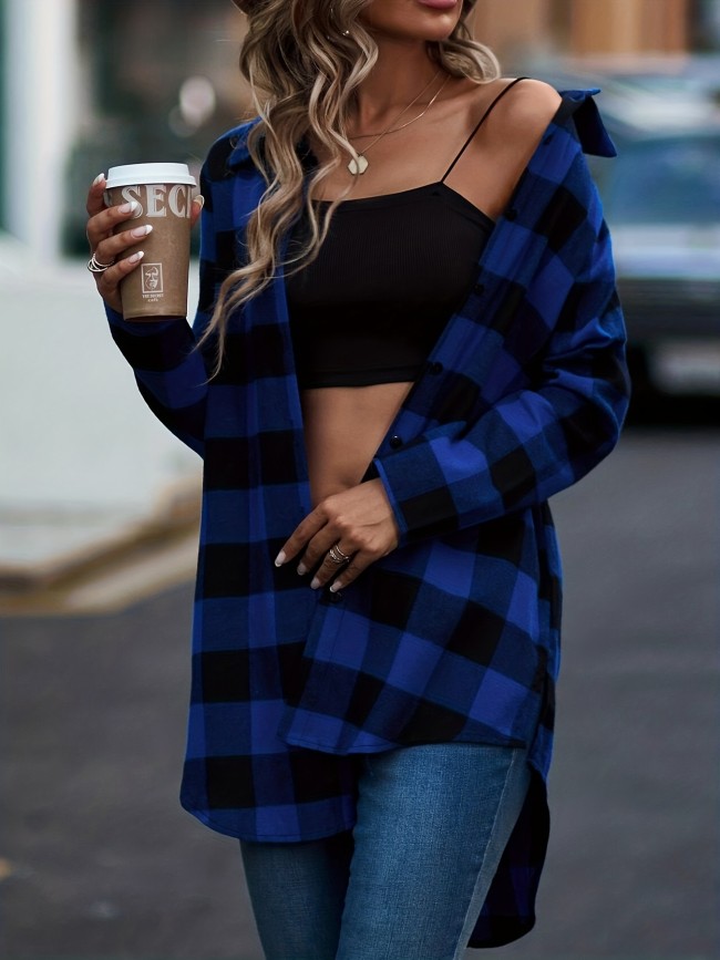 Plaid Print Classic Shirt, Casual Button Front Long Sleeve Shirt, Women's Clothing