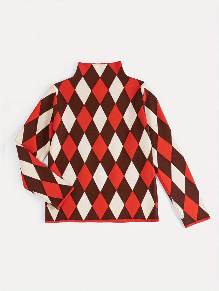 Plaid Turtle Neck Pullover Sweater, Elegant Long Sleeve Fashion Slim Sweater, Women's Clothing