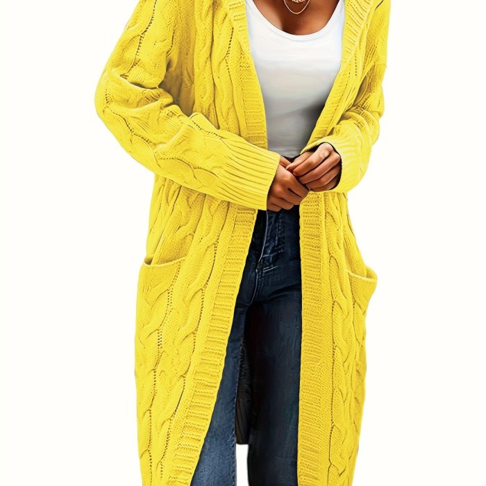 Solid Open Front Cable Knit Hooded Cardigan, Casual Long Sleeve Mid Length Sweater With Pocket, Women's Clothing
