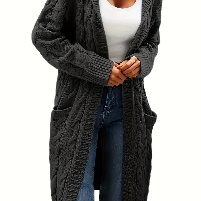 Solid Open Front Cable Knit Hooded Cardigan, Casual Long Sleeve Mid Length Sweater With Pocket, Women's Clothing