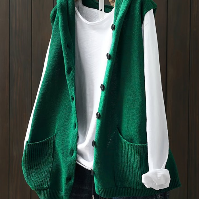 Vintage Inspired Sleeveless Hoodie Vest with Dual Pockets - Soft Slight Stretch Acrylic Knit Fabric, Loose Fit, Solid Color, Perfect for Spring and Fall - Womens Casual Wear