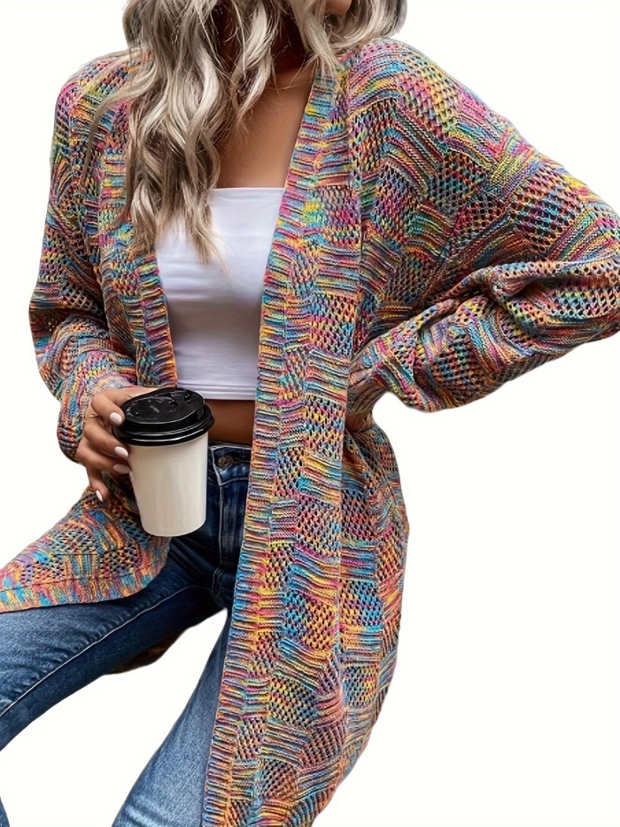 Colorful Open Front Pointelle Knit Cardigan, Elegant Long Sleeve Mid Length Loose Cardigan, Women's Clothing