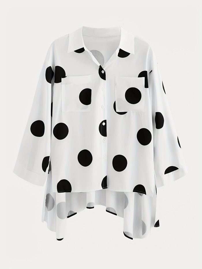 All-Season Polka Dot Blouse - Casual Yet Chic, Long Sleeve, Durable Lapel Button-Up, Easy Maintenance