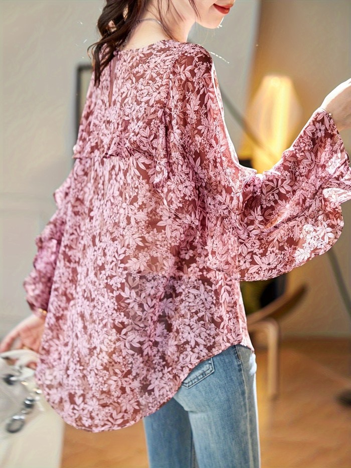 Floral Print Crew Neck Blouse, Elegant Long Sleeve Blouse For Spring & Fall, Women's Clothing