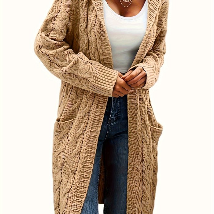 Solid Open Front Cable Knit Hooded Cardigan, Casual Long Sleeve Mid Length Sweater With Pocket, Women's Clothing