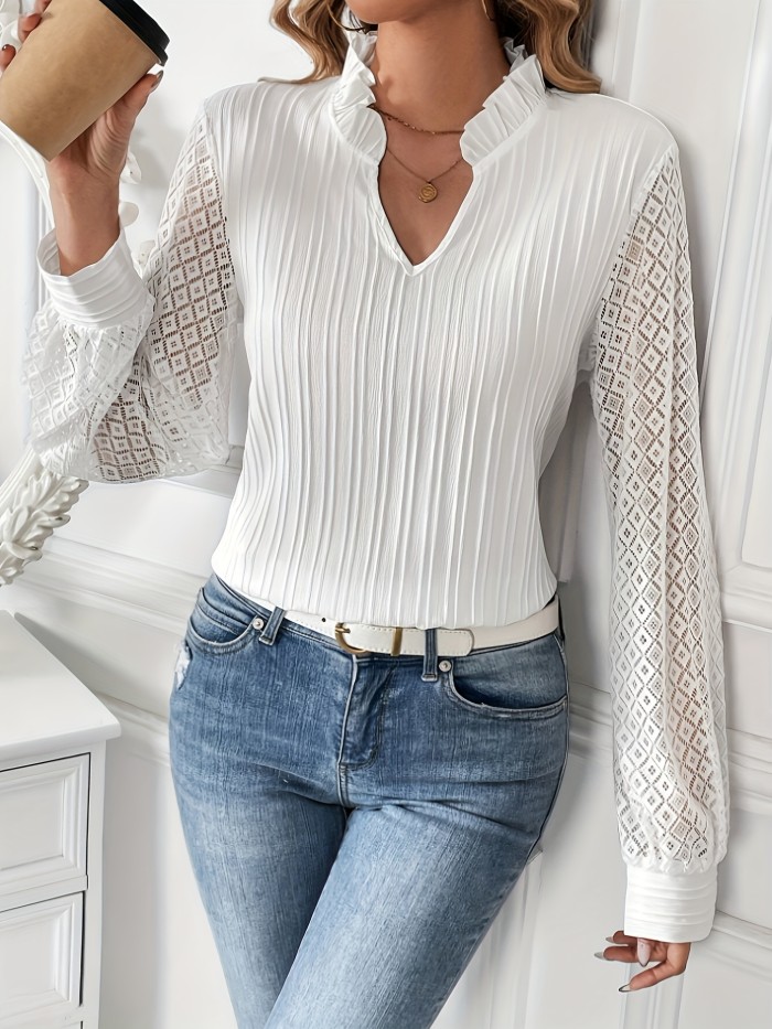 Women's Long-Sleeve Polyester Blouse With V-Neck, Elegant Lace Trim, And Frill Details, Spring\u002FAutumn Fashion