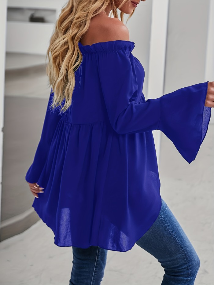 Chic Off Shoulder Ruffle Trim Blouse - Casual Solid Long Sleeve Polyester Shirt with Dipped Hem and Relaxed Fit - Perfect for All Seasons and Occasions