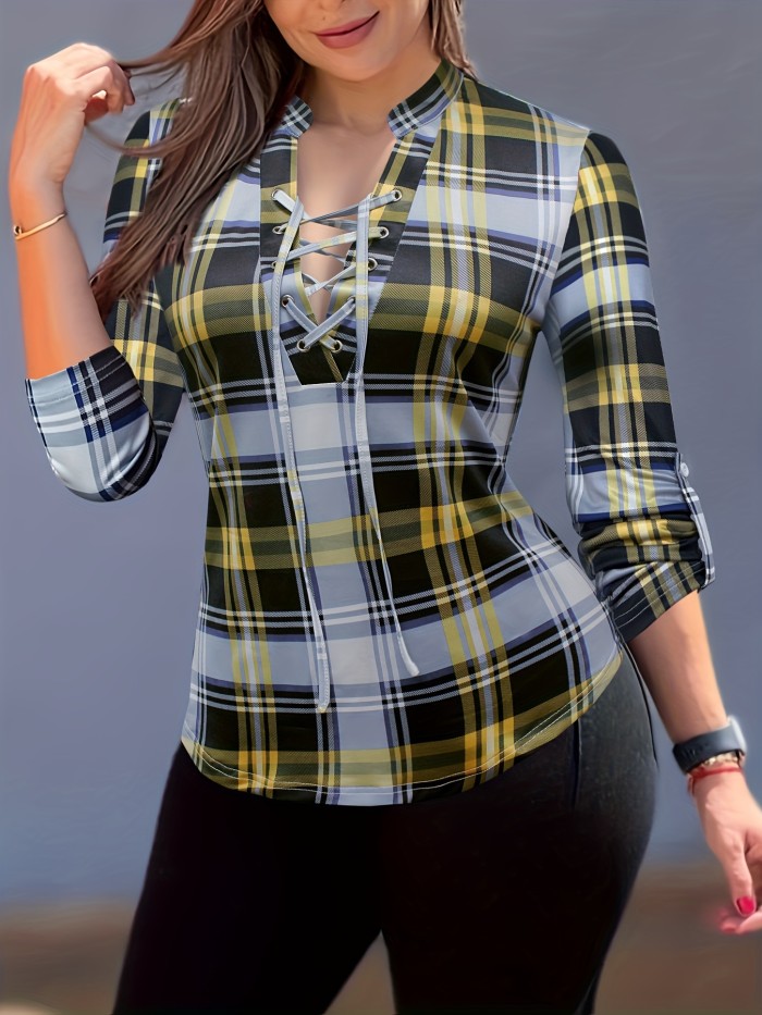 Plaid Print Drawstring Blouse, Casual Long Sleeve V Neck Blouse, Women's Clothing