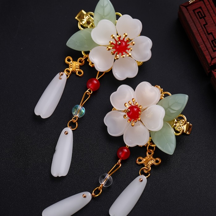 2-Piece Ancient Hanfu Headdress Hair Accessories - Exquisite Alloy Hairpin with Flower Tassel Design, Traditional Chinese Style Clothing Accessory with Secure Ancient Side Clip - Perfect for Hanfu Costume Enthusiasts and Historical Reenactors