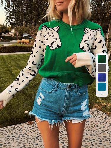 Contrast Leopard Pattern Crew Neck Knit Top, Casual Long Sleeve Pullover Sweater For Fall & Winter, Women's Clothing