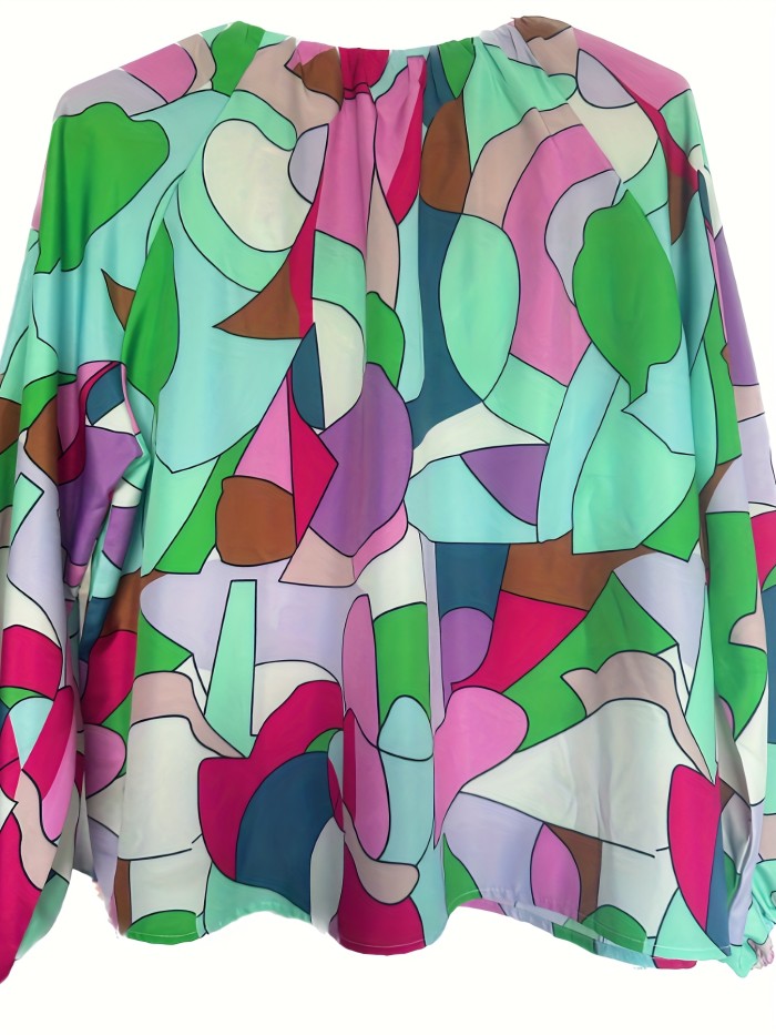 Geo Print Lantern Sleeve Blouse, Vintage V Neck Color Block Blouse, Women's Clothing