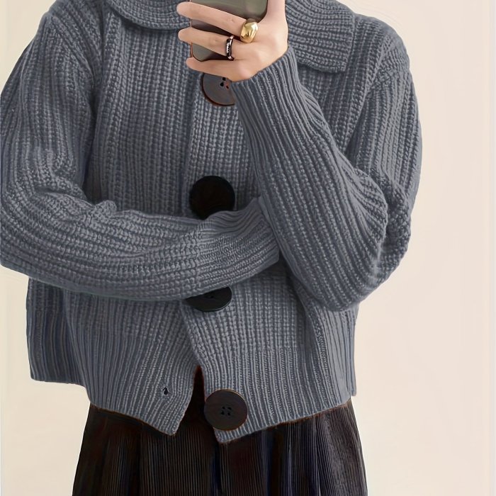 Plus Size Solid Color Button Front Knitted Cardigan, Stylish Casual Long Sleeve Cardigan For Fall & Winter, Women's Plus Size Clothing