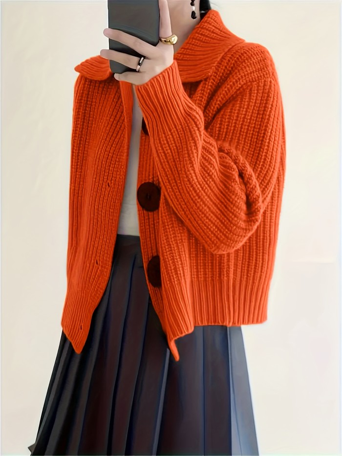 Plus Size Solid Color Button Front Knitted Cardigan, Stylish Casual Long Sleeve Cardigan For Fall & Winter, Women's Plus Size Clothing