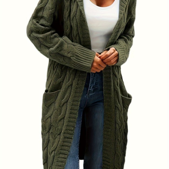 Solid Open Front Cable Knit Hooded Cardigan, Casual Long Sleeve Mid Length Sweater With Pocket, Women's Clothing