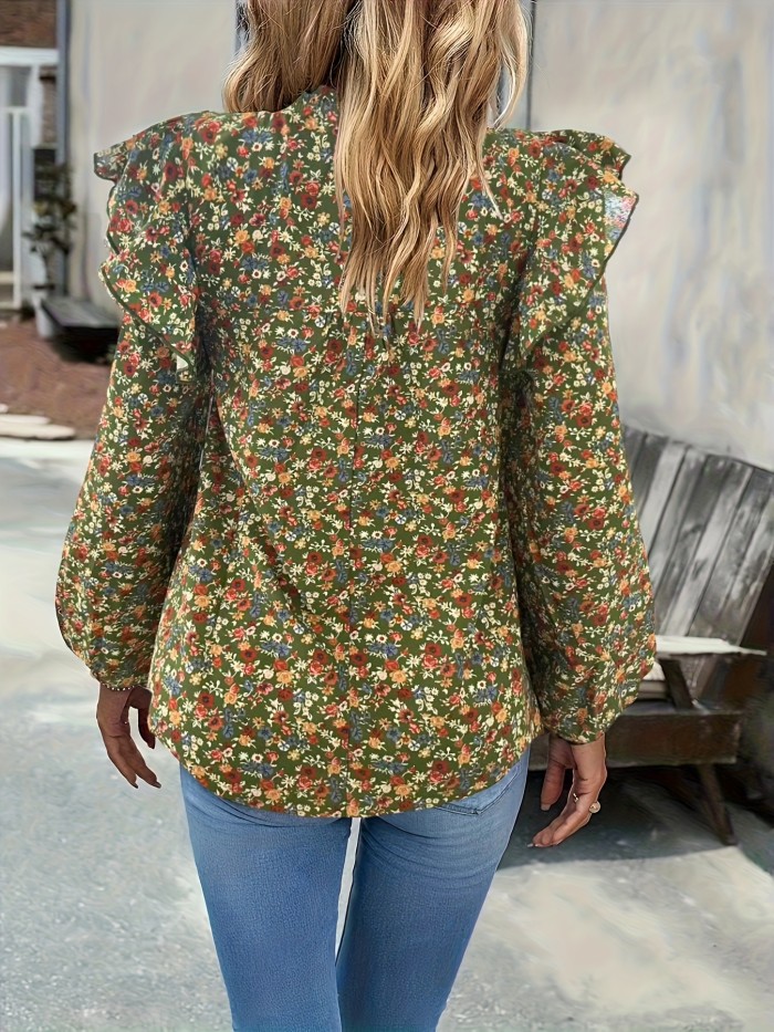 Ditsy Floral Print Blouse, Casual Shirred Ruffle Trim Long Sleeve Blouse, Women's Clothing