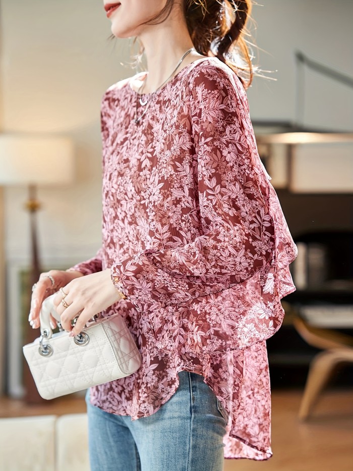 Floral Print Crew Neck Blouse, Elegant Long Sleeve Blouse For Spring & Fall, Women's Clothing