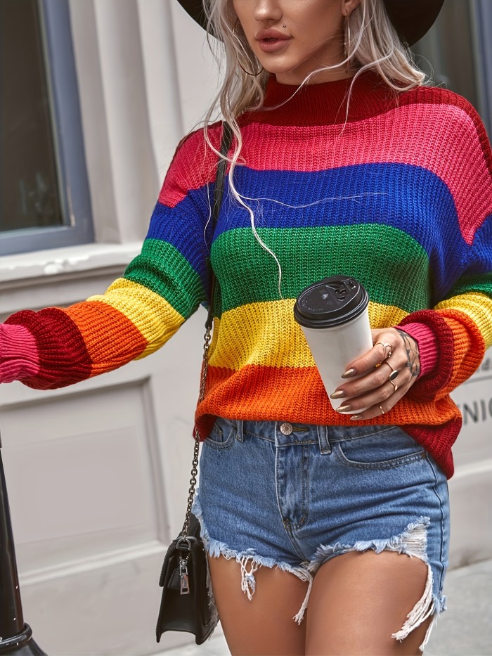 Chic Color Block Mock Neck Sweater – Comfortable Long Sleeve Knit for Women, Perfect for Spring & Autumn