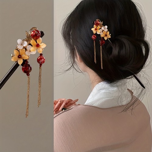 1pc Exquisite Retro Ancient Flower Hairpin - Chinese Style Hair Stick with Pendant, Ponytail Holder, Hair Accessories for Women, Vintage-Inspired Design, Easy to Wear, Perfect for Daily Life or Special Occasions