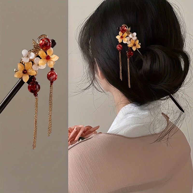 1pc Exquisite Retro Ancient Flower Hairpin - Chinese Style Hair Stick with Pendant, Ponytail Holder, Hair Accessories for Women, Vintage-Inspired Design, Easy to Wear, Perfect for Daily Life or Special Occasions