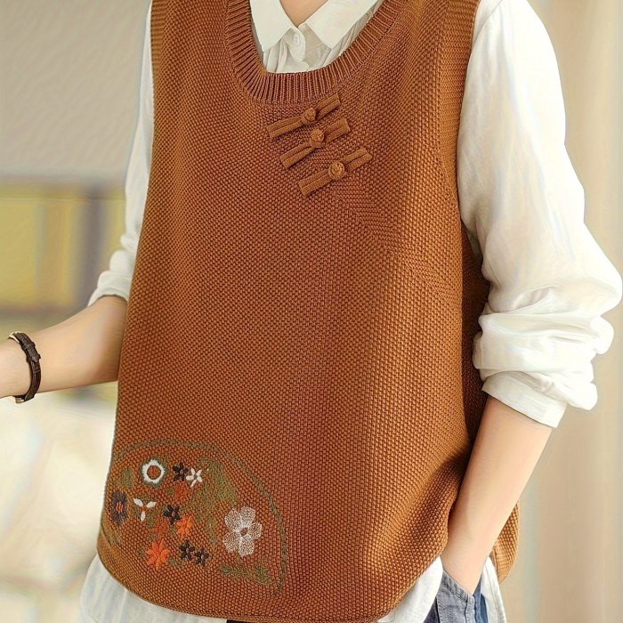 Floral Embroidered Sweater Vest, Casual Crew Neck Sweater Vest For Fall & Winter, Women's Clothing