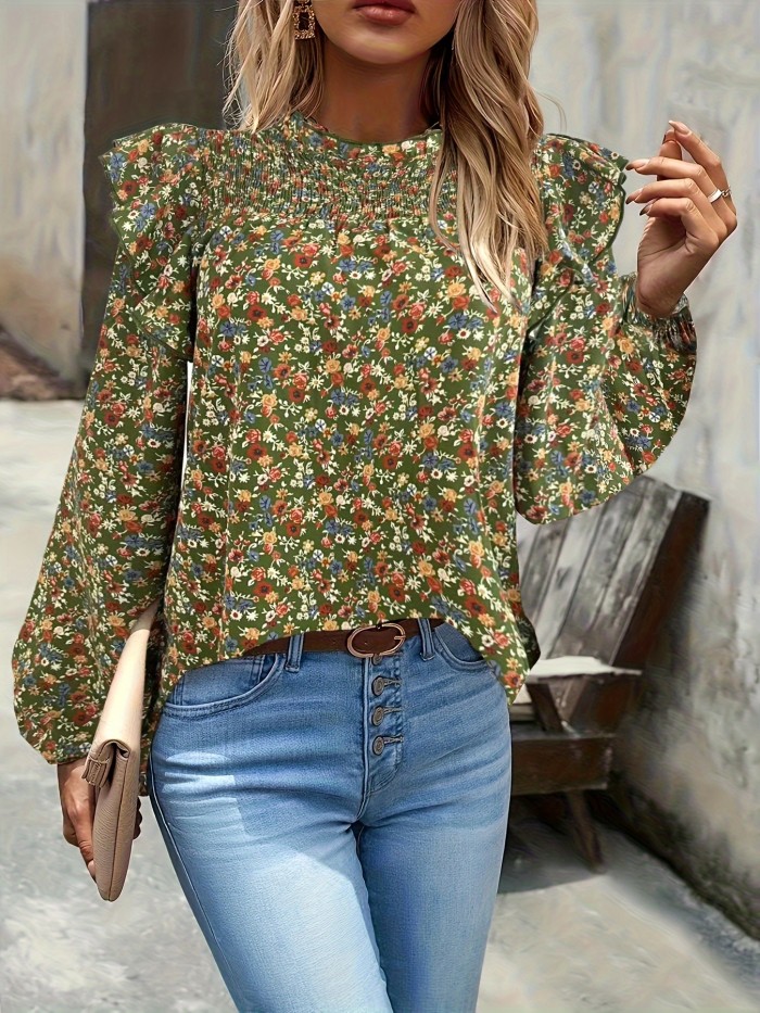 Ditsy Floral Print Blouse, Casual Shirred Ruffle Trim Long Sleeve Blouse, Women's Clothing