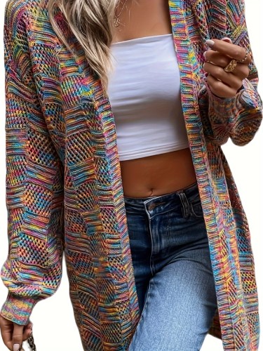 Colorful Open Front Pointelle Knit Cardigan, Elegant Long Sleeve Mid Length Loose Cardigan, Women's Clothing