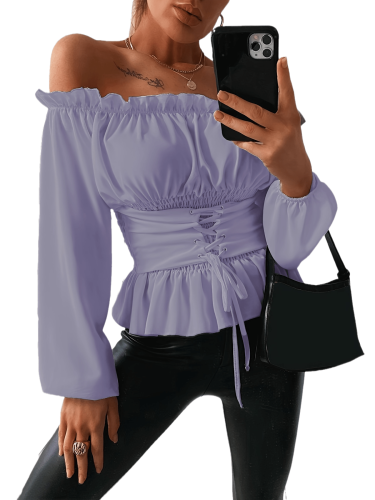 Off Shoulder Ruffle Trim Blouse, Casual Solid Long Sleeve Tie Front Blouse, Women's Clothing