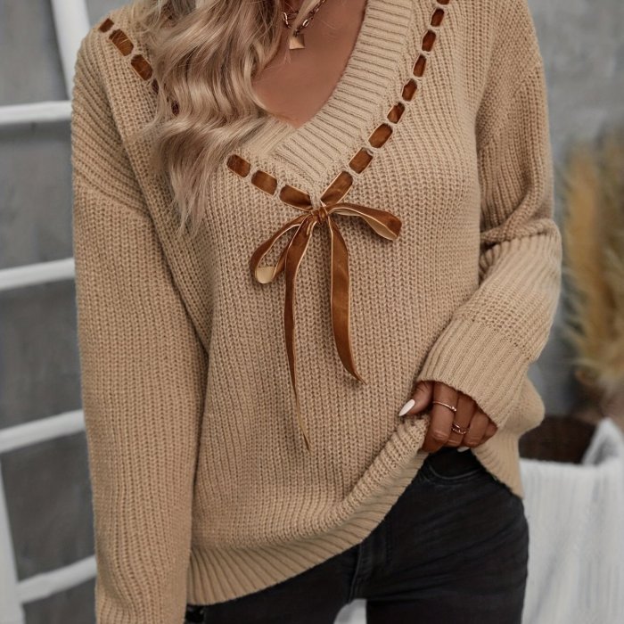 Cable Knit V Neck Pullover Sweater - Soft, Cozy, Long Sleeve, Casual, Winter & Fall Essential - Women's Clothing, Relaxed Fit, Knitted Top for Everyday Wear
