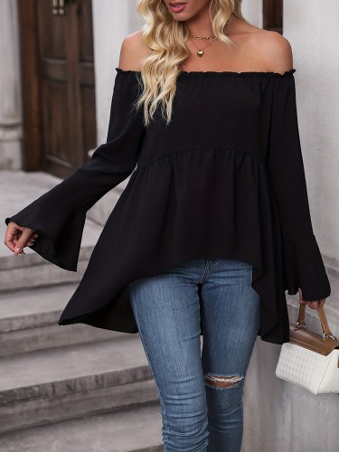 Chic Off Shoulder Ruffle Trim Blouse - Casual Solid Long Sleeve Polyester Shirt with Dipped Hem and Relaxed Fit - Perfect for All Seasons and Occasions