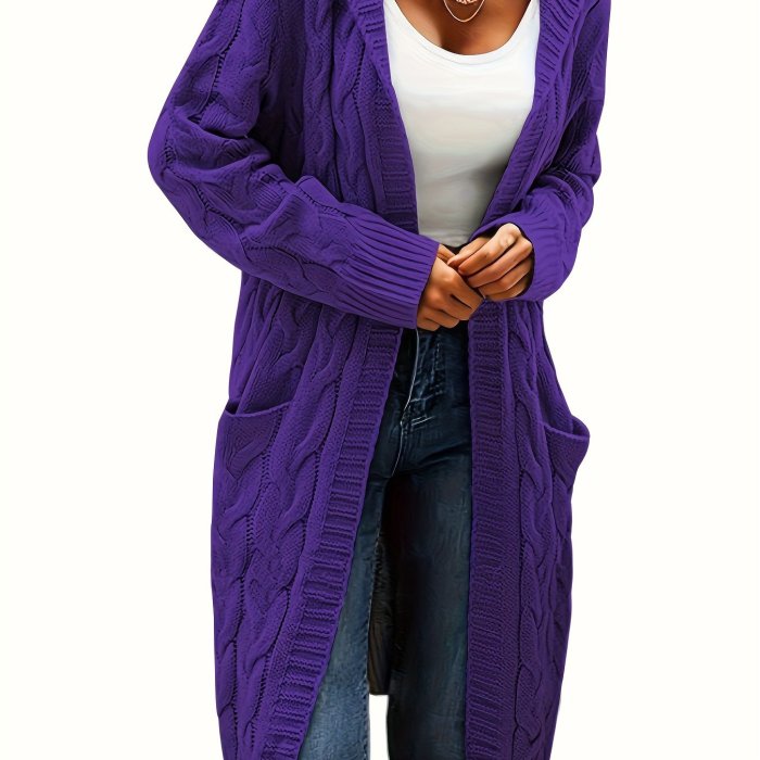 Solid Open Front Cable Knit Hooded Cardigan, Casual Long Sleeve Mid Length Sweater With Pocket, Women's Clothing