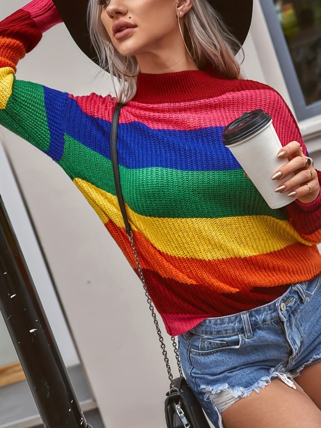 Chic Color Block Mock Neck Sweater – Comfortable Long Sleeve Knit for Women, Perfect for Spring & Autumn