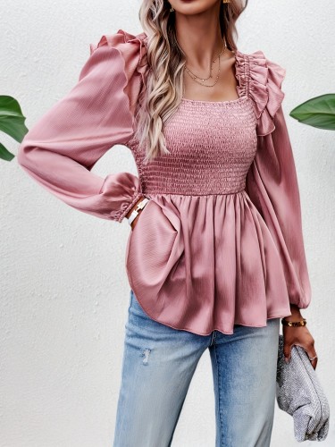 Long Sleeve Square Neck Slim Fit Ruffle Hem Smocked Top