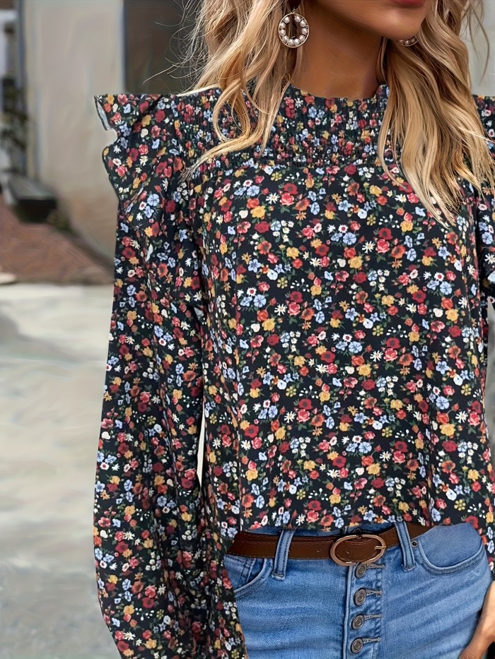 Ditsy Floral Print Blouse, Casual Shirred Ruffle Trim Long Sleeve Blouse, Women's Clothing