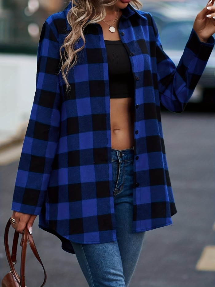 Plaid Print Classic Shirt, Casual Button Front Long Sleeve Shirt, Women's Clothing