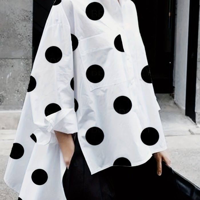 All-Season Polka Dot Blouse - Casual Yet Chic, Long Sleeve, Durable Lapel Button-Up, Easy Maintenance
