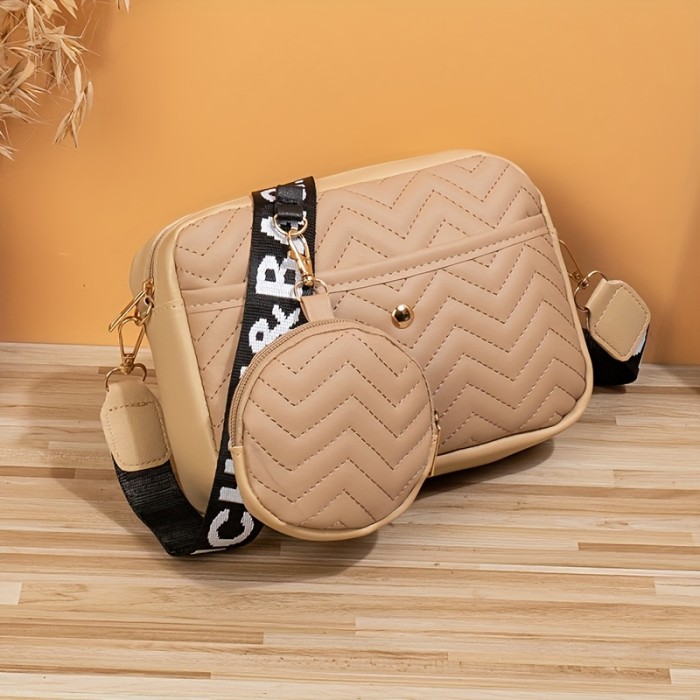 Quilted Crossbody Bag - Removable-strap, Zipper Closure, Polyester Lining, Faux Leather, Square Shoulder Bag with Round Coin Bag for Everyday Use
