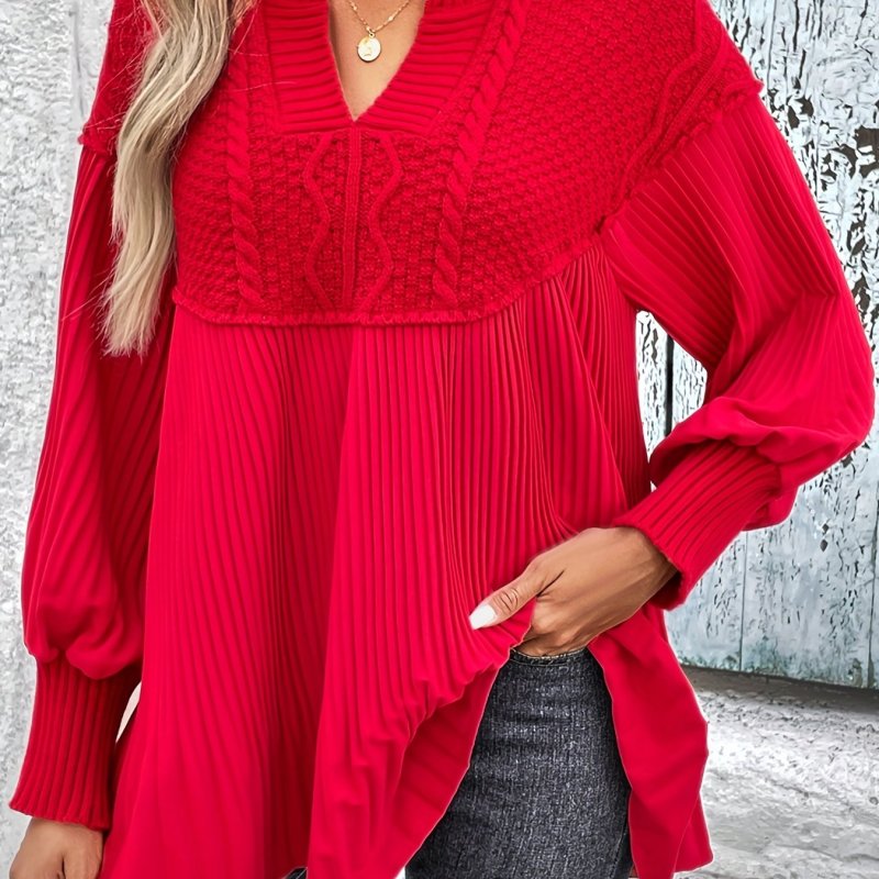 Vibrant V Neck Lantern Sleeve Knit Sweater - Soft, Casual, Loose Fit, Fall Winter Essential - Womens Comfortable Clothing for Daily Wear