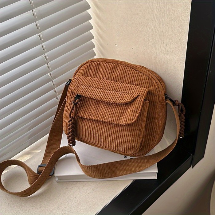 Corduroy Simple Chic Crossbody Satchel Bag - Adjustable Strap, Zipper Closure, Polyester Lining, Random Solid Color Pattern - Casual Everyday Companion for Women