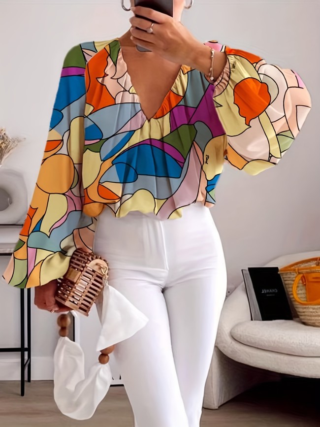 Geo Print Lantern Sleeve Blouse, Vintage V Neck Color Block Blouse, Women's Clothing