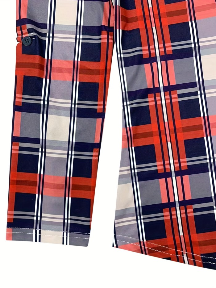 Plaid Print Drawstring Blouse, Casual Long Sleeve V Neck Blouse, Women's Clothing