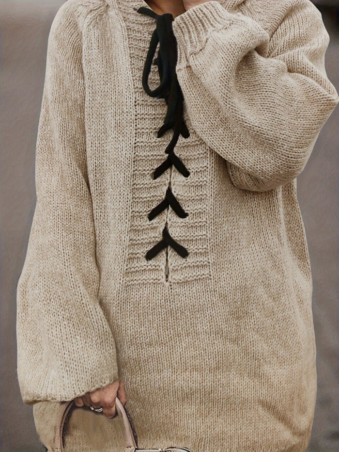 Solid Lace Up Drawstring Hooded Sweater, Casual Long Sleeve Loose Sweater For Fall & Winter, Women's Clothing