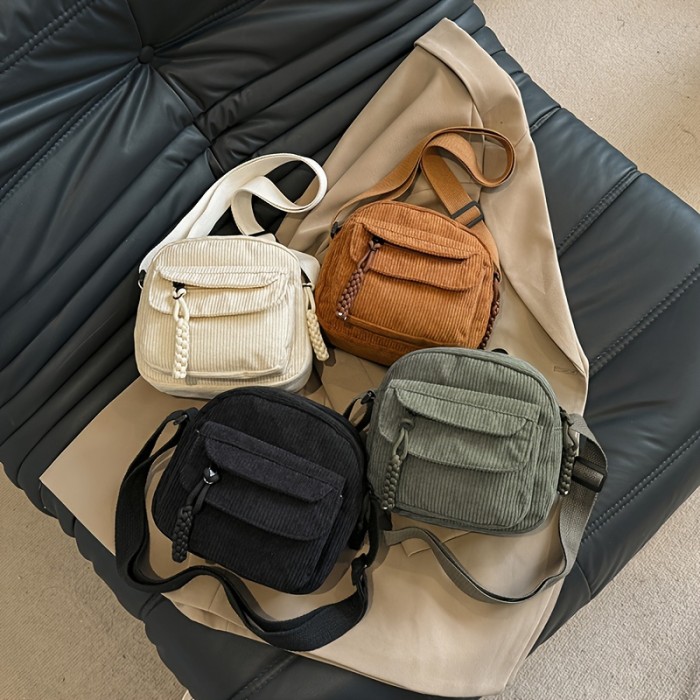 Corduroy Simple Chic Crossbody Satchel Bag - Adjustable Strap, Zipper Closure, Polyester Lining, Random Solid Color Pattern - Casual Everyday Companion for Women