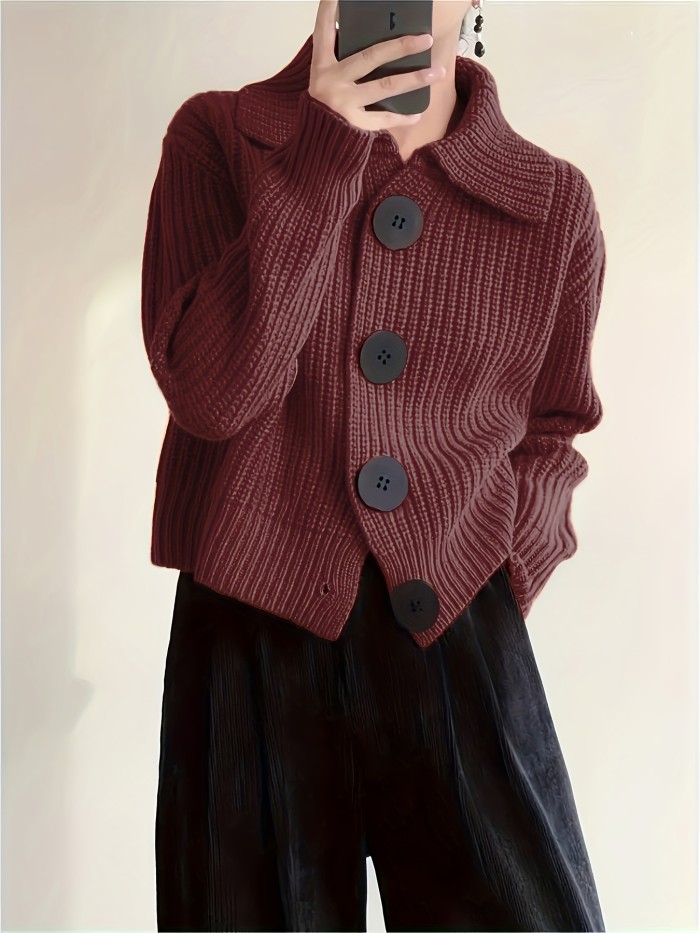 Plus Size Solid Color Button Front Knitted Cardigan, Stylish Casual Long Sleeve Cardigan For Fall & Winter, Women's Plus Size Clothing