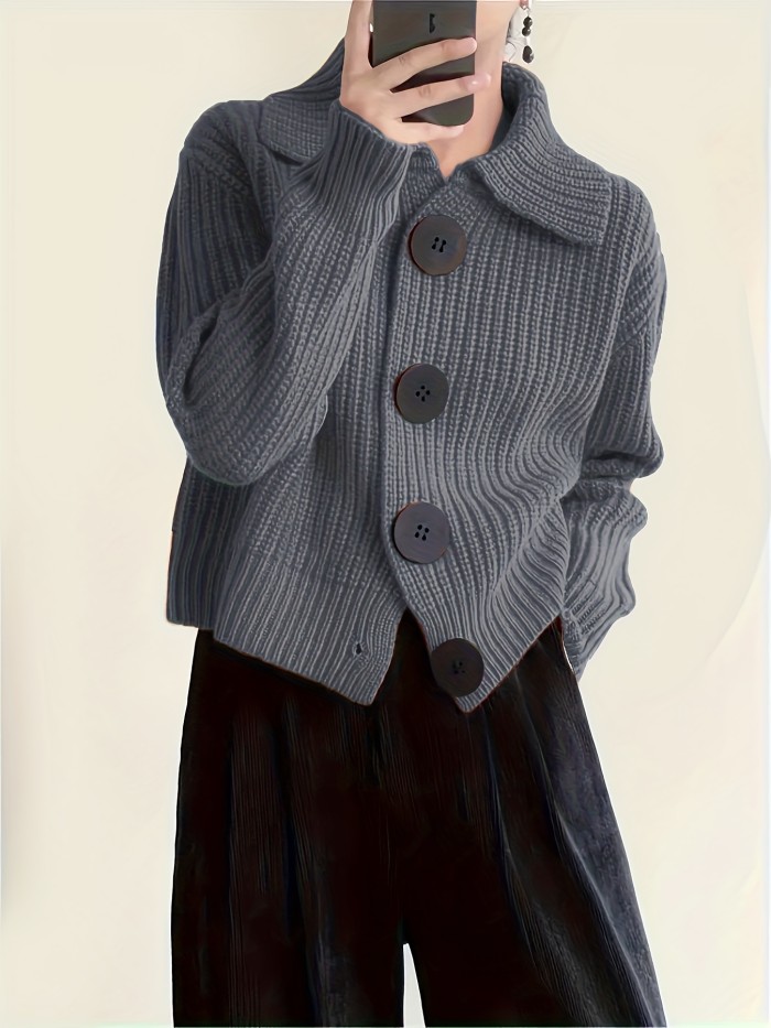 Plus Size Solid Color Button Front Knitted Cardigan, Stylish Casual Long Sleeve Cardigan For Fall & Winter, Women's Plus Size Clothing