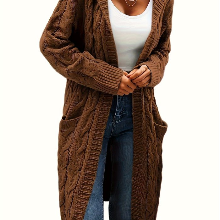 Solid Open Front Cable Knit Hooded Cardigan, Casual Long Sleeve Mid Length Sweater With Pocket, Women's Clothing